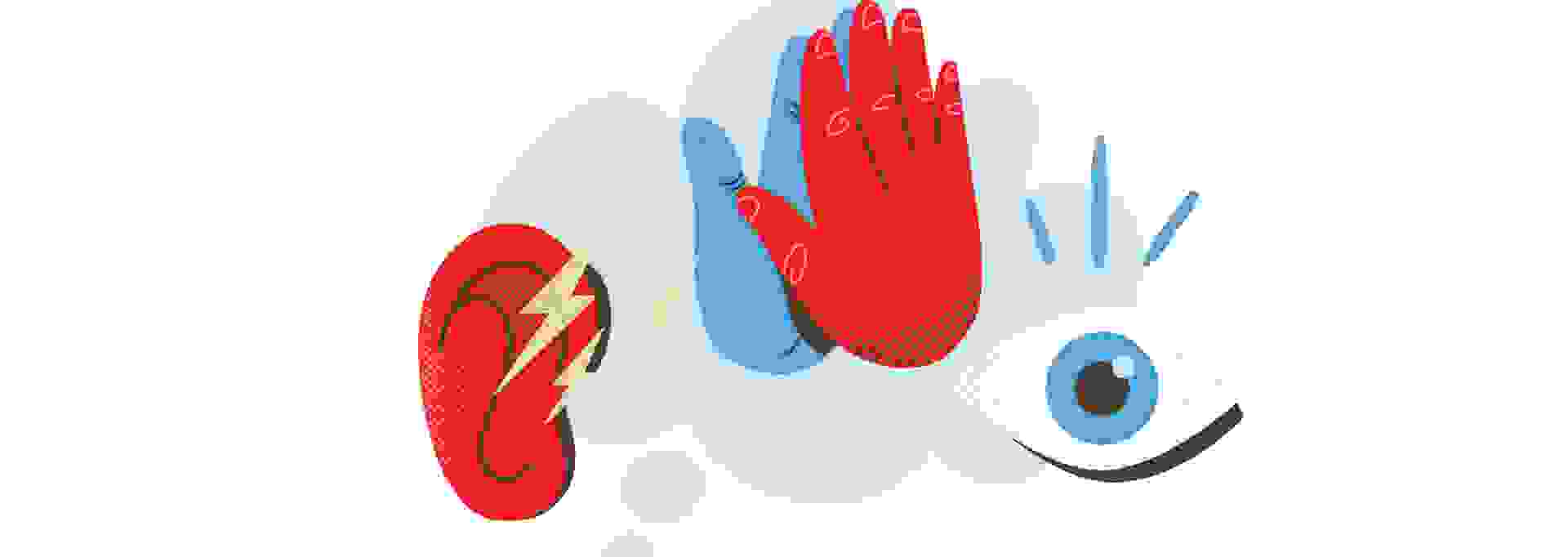 Kuvassa symboleita: punainen käsi, punainen korva, silmä, kaksi kättä yhdessä