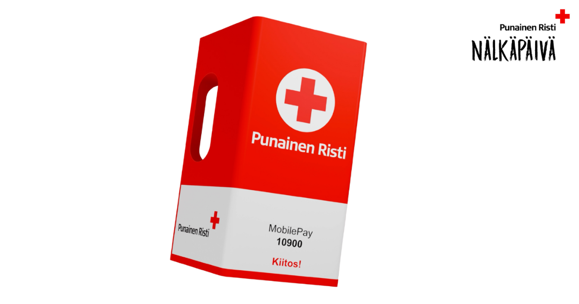 Punaisen Ristin keräyslipas. Keräyslippaan kyljessä MobilePay lahjoitusnumero 10900, jota käyttämällä voit lahjoittaa katastrofirahastoon.