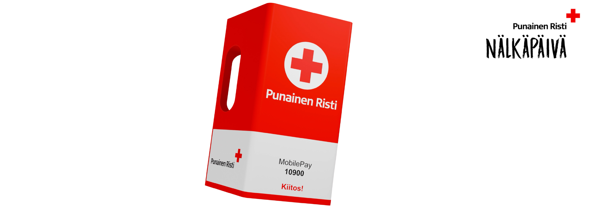 Punaisen Ristin keräyslipas. Keräyslippaan kyljessä MobilePay lahjoitusnumero 10900, jota käyttämällä voit lahjoittaa katastrofirahastoon.