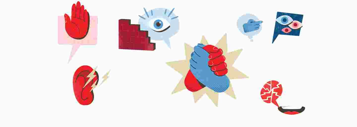 Symboleita: korva, jossa on salamoita, tiiliseinä, puhekupla ja käsi, puhekupla, jossa on silmiä, kädenpuristus, jossa sininen ja punainen käsi ovat yhdessä