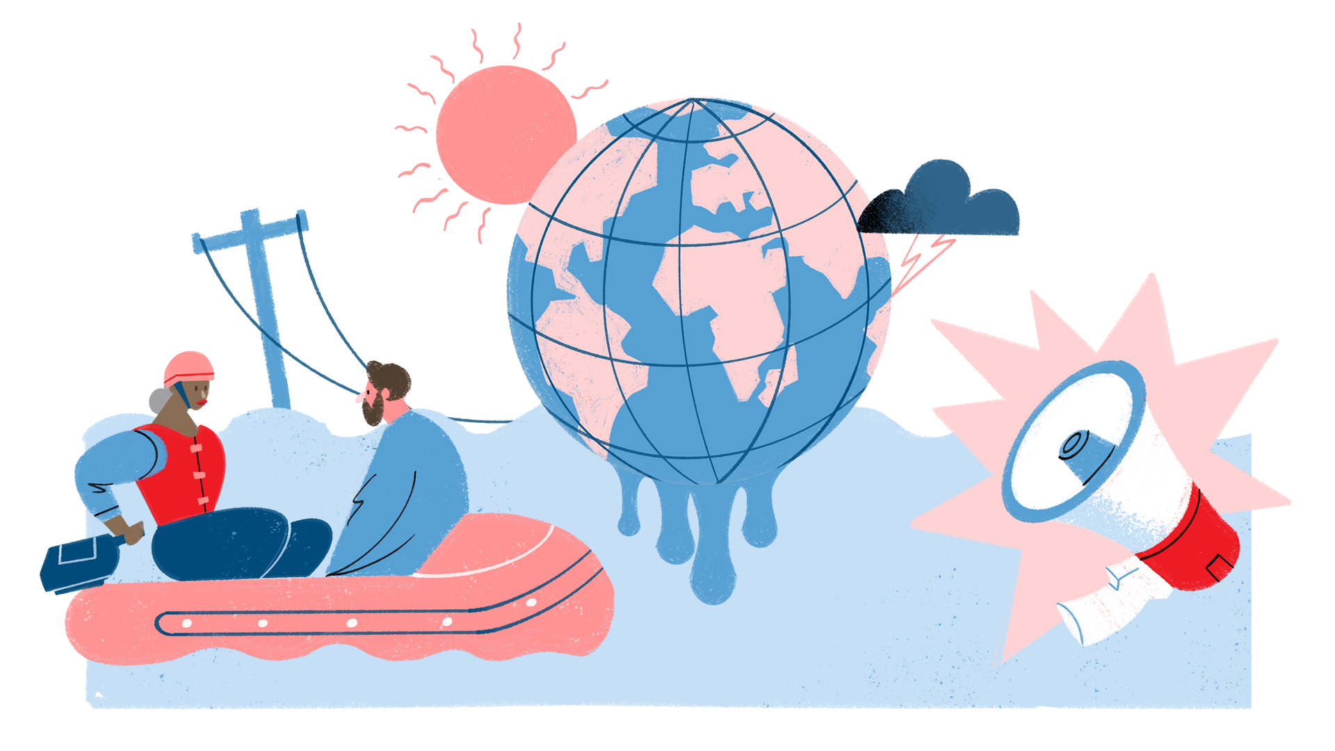 Piirroskuva, jossa toinen ihminen käyttää läppäriä ja toinen tablettia