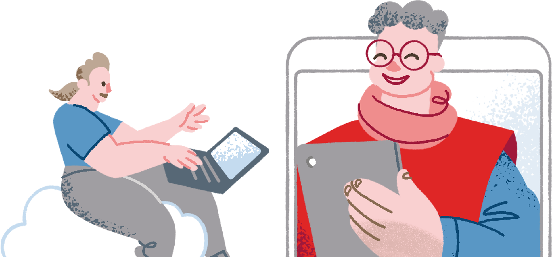 Piirroskuva, jossa toinen ihminen käyttää läppäriä ja toinen tablettia