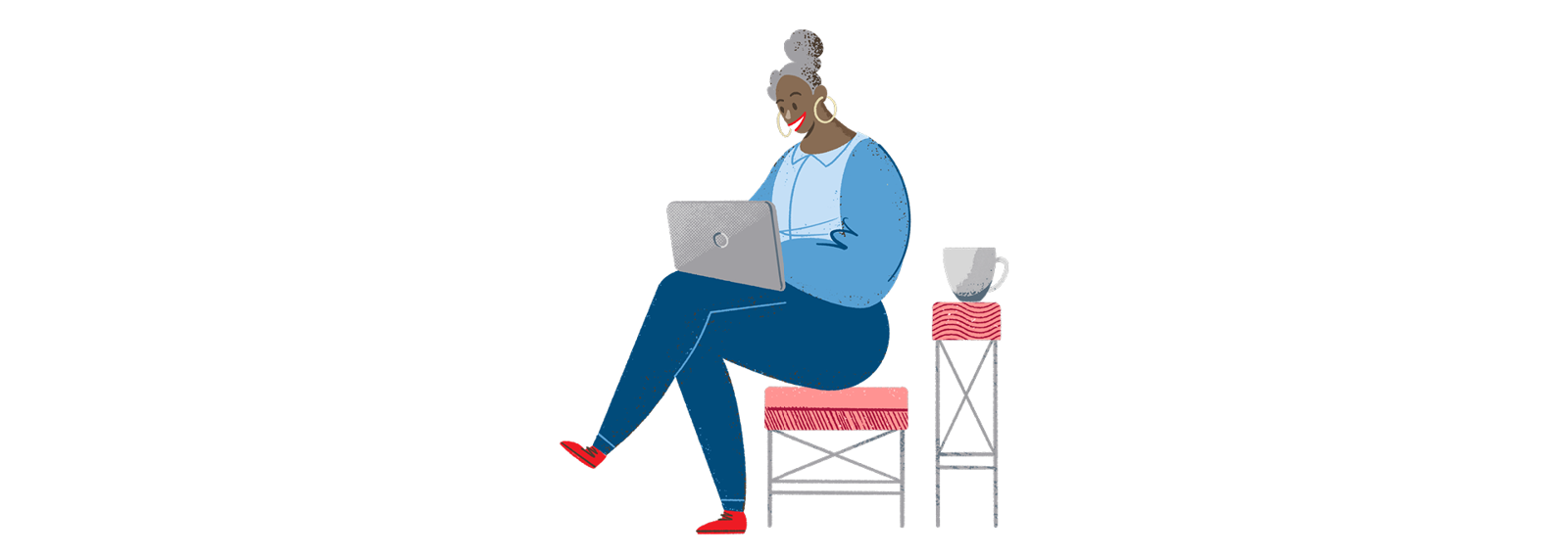 Piirroskuva jossa henkilöllä tietokone sylissä