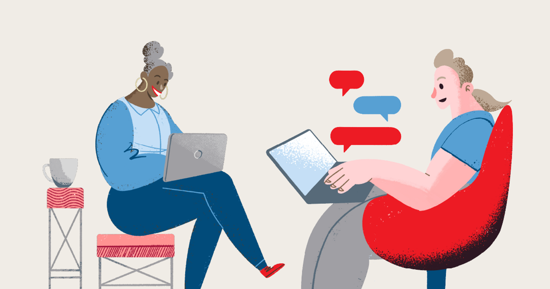 Kuvituskuvassa kaksi hymyilevää henkilöä istumassa kannettava tietokone sylissään