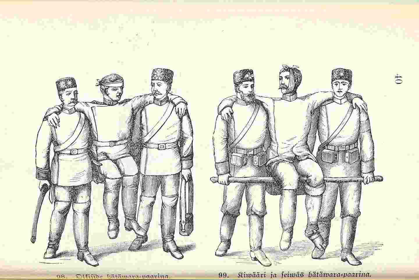 Piirros viiksekkäistä miehistä, jotka kantavat loukkaantuneita.