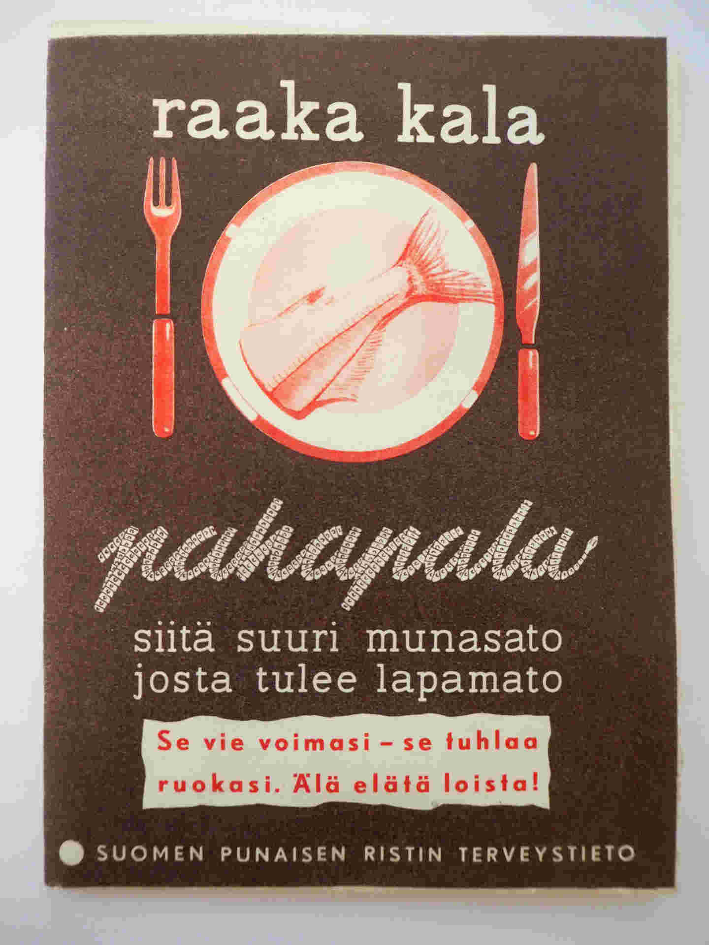 Juliste, jossa lukee "Raaka kala. Paha pala. Siitä suuri munasato. Josta tulee lapamato. Se vie voimasi - se tuhlaa ruokasi. Älä elätä loista!"