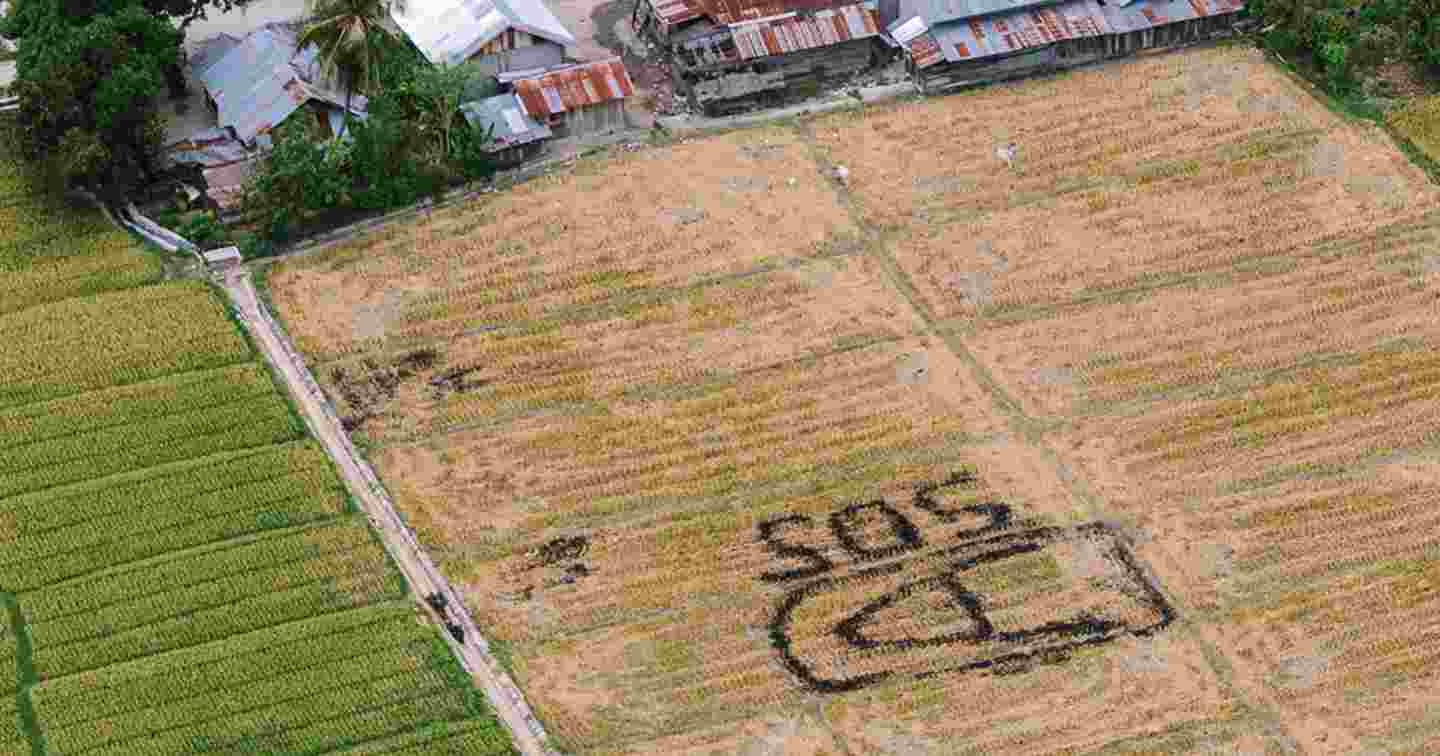 Ylhäältä päin kuvatussa kuvassa näkyy huonossa kunnossa olevaa peltoa, johon on kirjoitettu SOS. Kuvan ylälaidassa on tuhoutuneita rakennuksia.