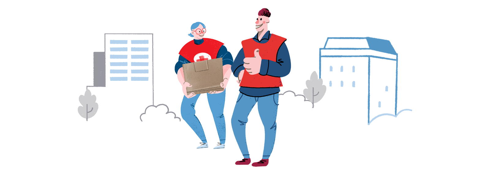 Kaksi piirroshahmoa Punaisen Ristin liiveissä