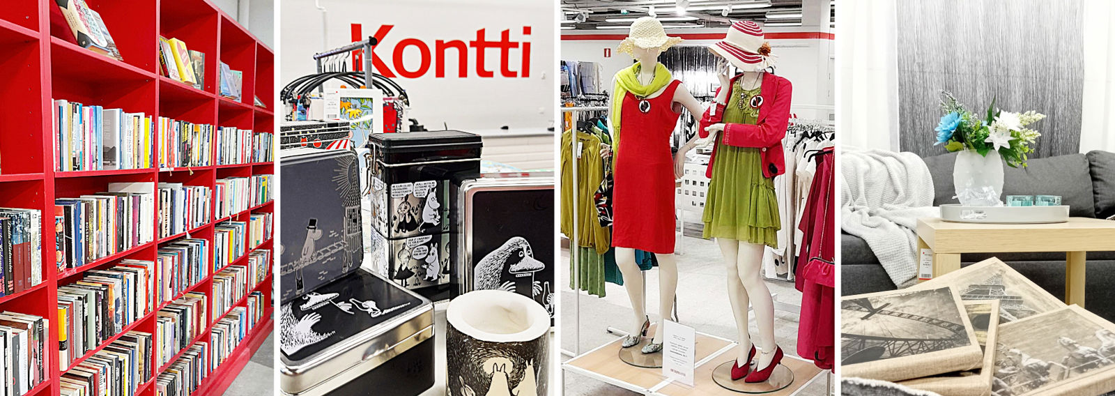 Kirjoja, astioita, vaatteita ja sisustustuotteita Kontin myymälässä.
